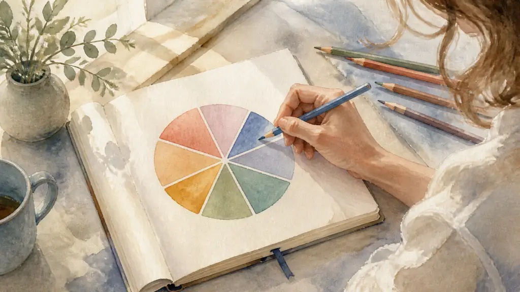Editorial photograph of a woman’s hand coloring a circle divided into eight segments in an open notebook, with colored pencils beside it, soft natural window light, no visible text or logo