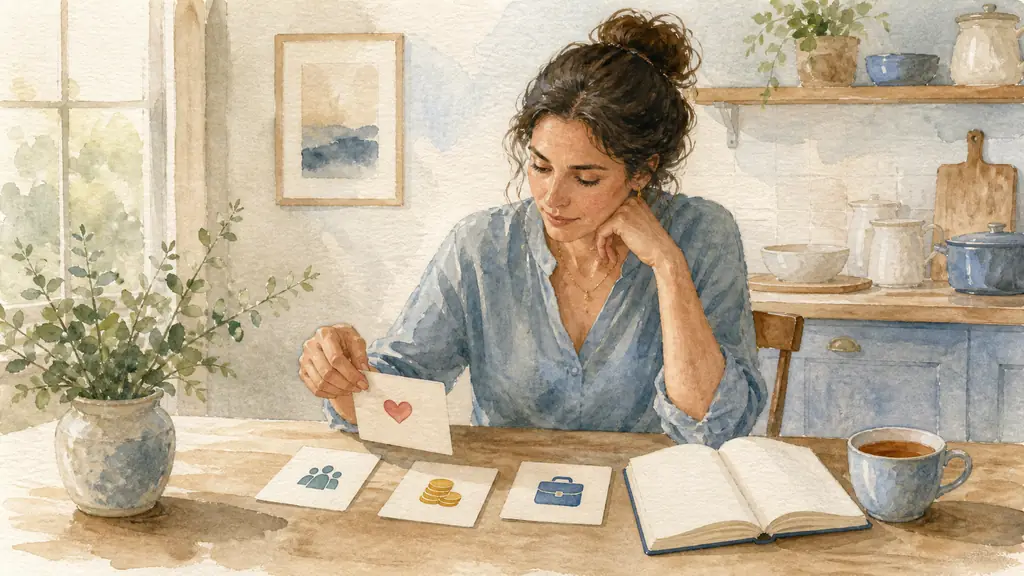 Editorial photograph of a woman at a kitchen table sorting handwritten cards labeled through simple icons for health, family, finances and career beside a notebook and a cup of tea, soft natural light, no visible text or logo