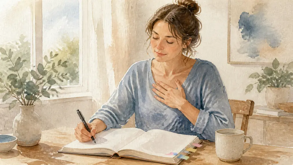 Woman seated at a wooden table, writing one practical exercise in an open workbook with colored page tabs, one hand resting on her chest during a calm breathing pause, soft natural window light, editorial photography, no text, no logo