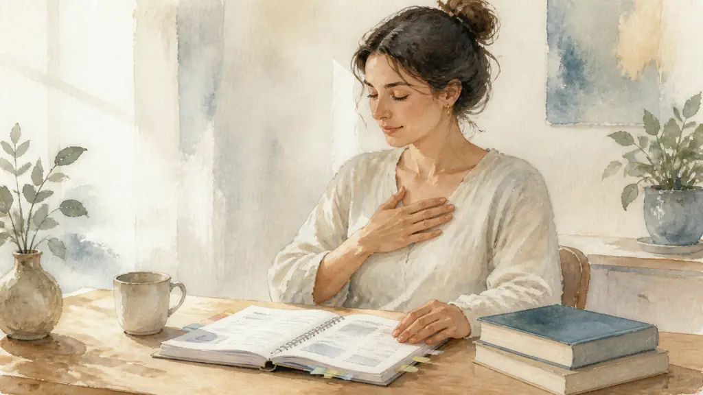 Woman at a quiet desk completing a practical workbook with colored tabs, a psychology book and a personal development novel beside it, pausing for a slow breathing exercise, soft editorial photography, no text, no logo