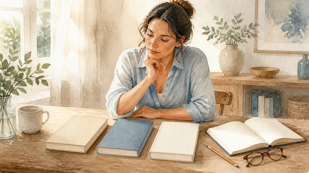Editorial photograph of a woman comparing three self-help books on a wooden table, an open exercise notebook beside them, with reading glasses and a pencil, soft natural window light, no text, no logo
