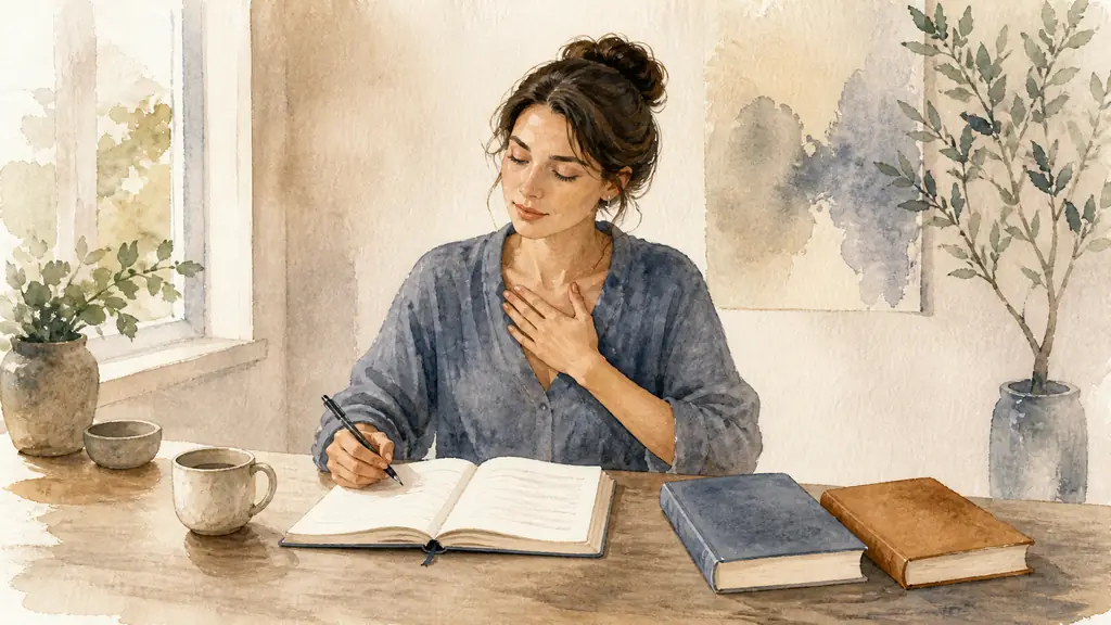 Editorial photograph of a woman writing one daily exercise in a notebook beside a psychology workbook and an initiatory novel, pausing for a mindful breathing practice, soft natural light, no text, no logo