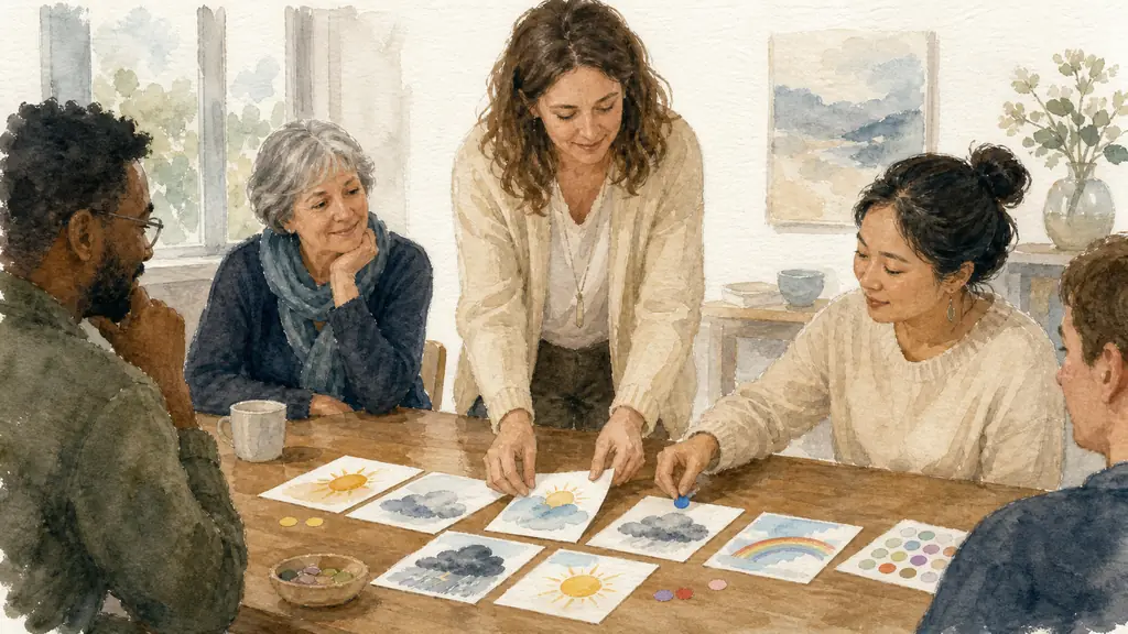 Editorial photograph of a facilitator arranging weather cards on a table while a participant places a colored sticker beside a cloudy sky image, small group seated in a calm workshop room, no text or logo