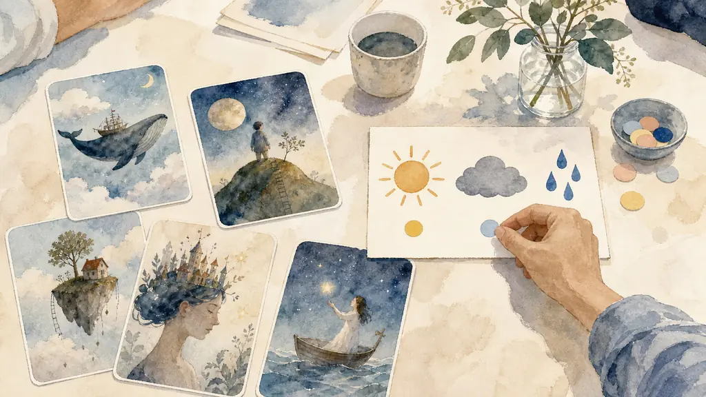 Editorial photograph of illustrated Dixit-style cards and a weather board with sun, cloud and rain symbols on a workshop table, a participant placing a colored sticker beside the cloudy symbol, no text or logo