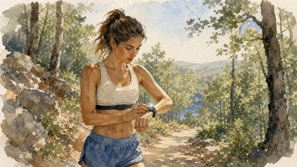 woman on a wooded trail checking a mapped route on her sports watch, chest strap visible, sunlight reflecting on the watch screen, no text, no logo