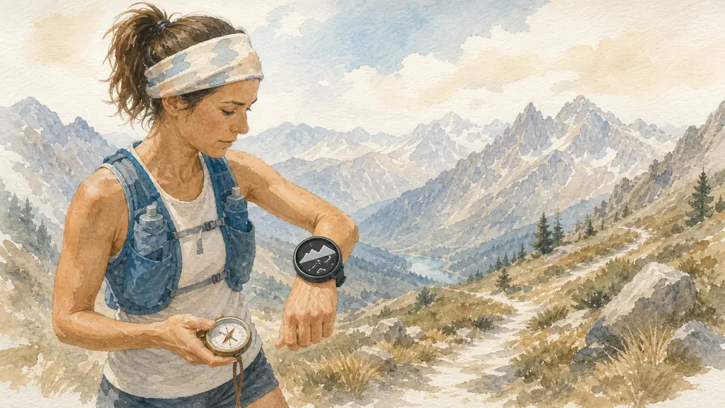 female trail runner consulting a mapped route on her GPS watch beside a mountain path, altimeter screen visible and hiking compass in hand, no text, no logo