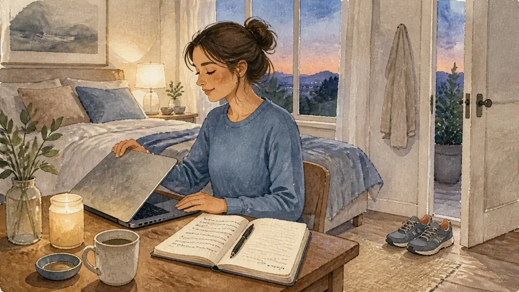 Editorial photograph of a woman switching off her laptop beside an open journal, with walking shoes ready near the door and a calm evening bedroom in the background, no text, no logo