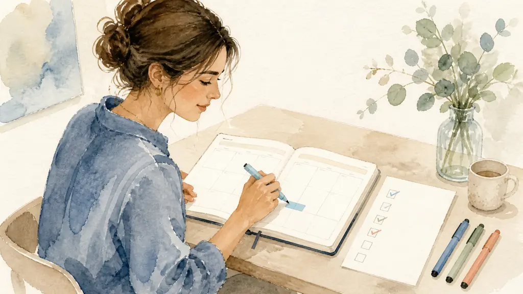 Editorial photograph of a woman scheduling one weekly time slot in a paper planner beside a simple progress checklist and three colored markers, no text, no logo