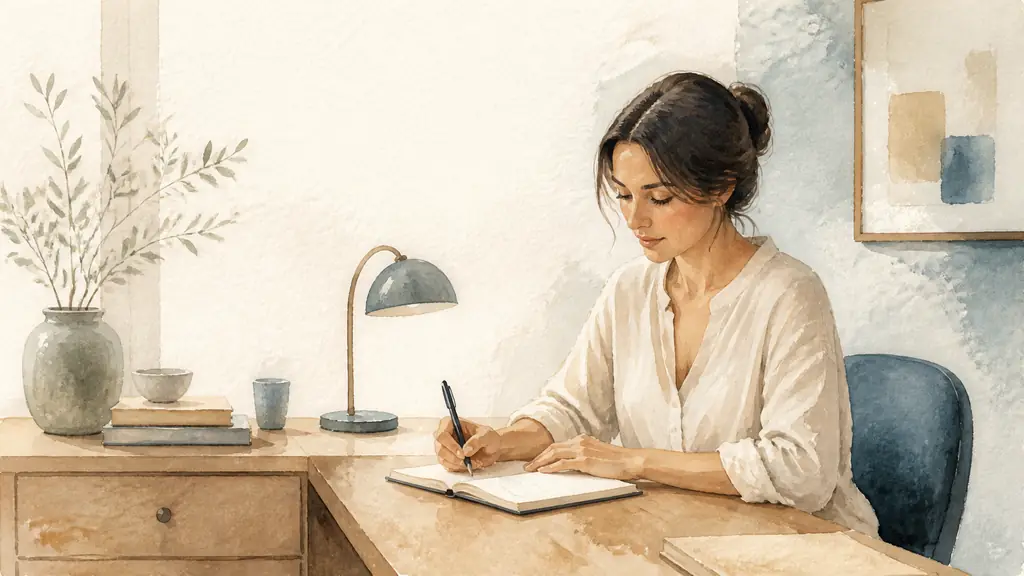 Editorial photograph of a woman returning to a desk with an open notebook, writing the first sentence of an important message while her phone rests inside a closed drawer