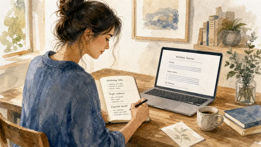 Editorial photograph of a woman at a wooden table writing an workshop title, target audience and expected benefit in an open notebook, with a prepared laptop document beside her