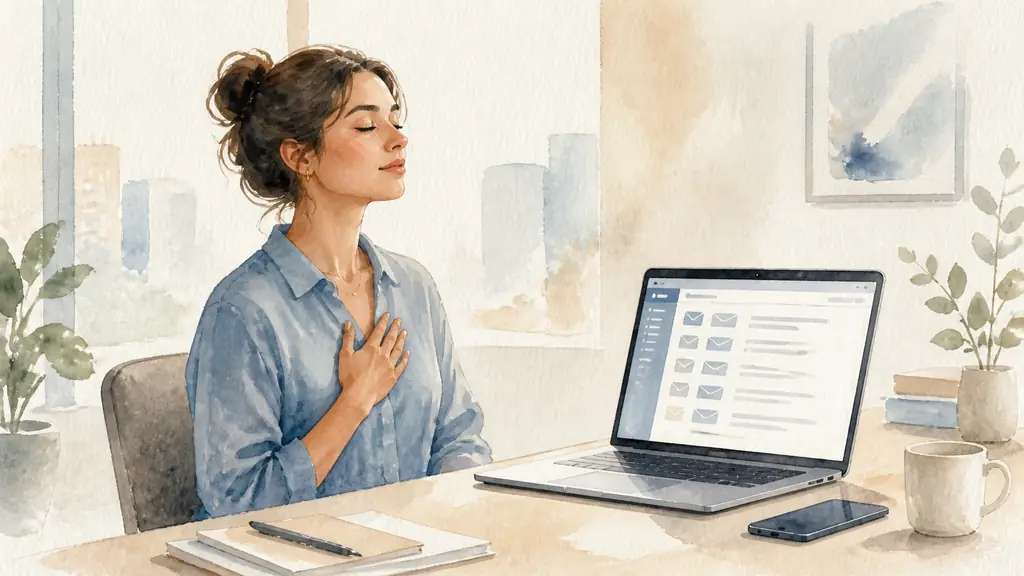 Editorial photograph of a woman at an office desk facing an open laptop with an unread email interface, smartphone placed face down, eyes closed and one hand resting on her chest, no legible text or logos