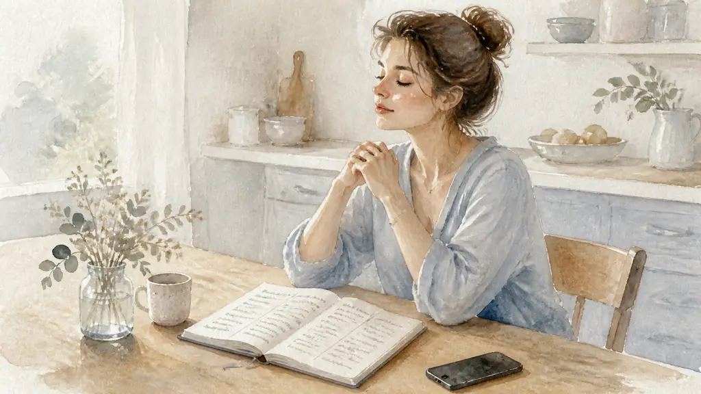 Editorial photograph of a woman seated at a kitchen table, smartphone placed face down, breathing calmly beside an open notebook divided into three handwritten columns, no legible text or logos
