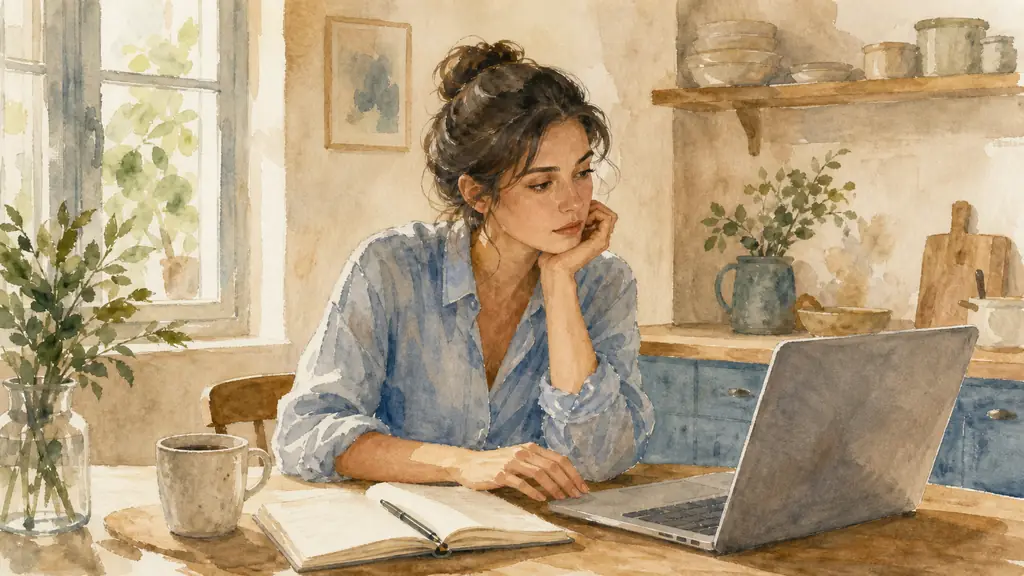 Editorial photo of a thoughtful professional woman sitting alone at a kitchen table with a notebook and coffee, looking uncertain before sending a message on her laptop, soft natural light, realistic lifestyle photography, no text, no logo