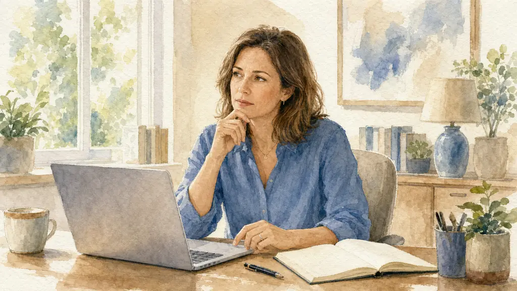 Editorial lifestyle photo of a woman in her late thirties sitting at her desk, hesitating before sending an email, notebook open, thoughtful expression, soft daylight, realistic professional home office, no text, no logo