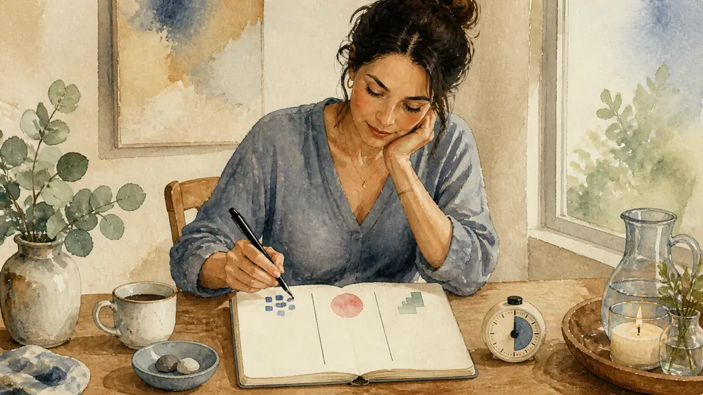 woman at a wooden desk dividing a notebook page into facts, emotions and actions, with a pen and a small kitchen timer beside it, natural editorial photography, no text, no logo