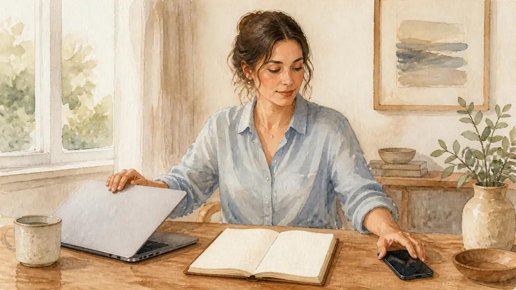 woman closing her laptop at a wooden table, placing her phone face down and dividing an open notebook page into two columns, natural editorial photography, no text, no logo