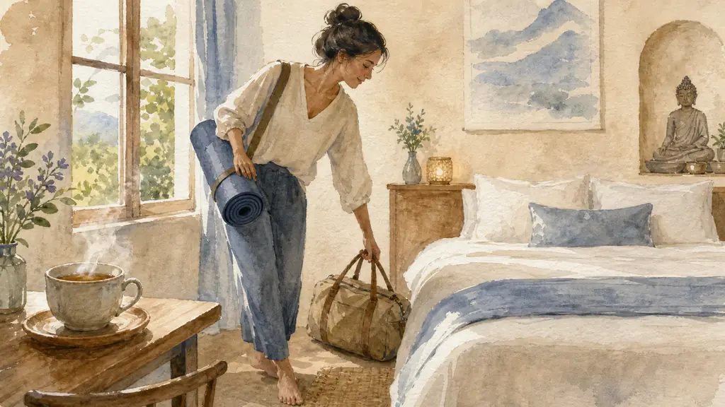 Editorial photo of a woman arriving alone at a cozy yoga retreat, placing a small travel bag near a bed in a simple private room, a steaming cup of herbal tea on a wooden table by the window, soft natural light, warm and reassuring atmosphere, no text, no logo