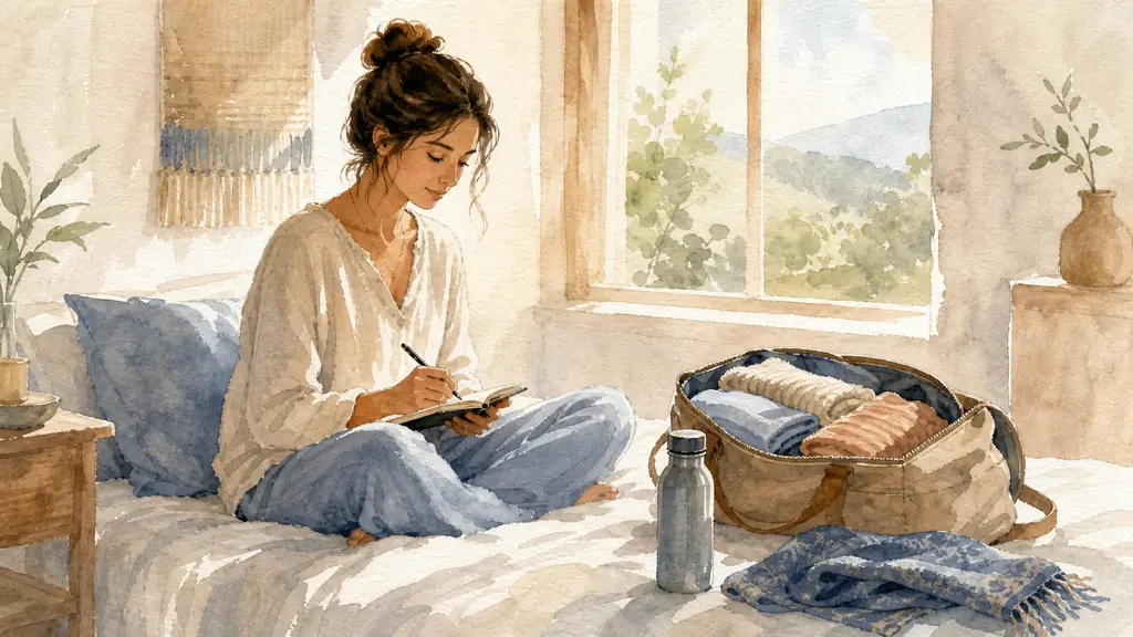 Editorial photo of a woman sitting on a bed in a calm retreat room, writing one simple intention in a small notebook, an open travel bag nearby with comfortable clothes, a water bottle and a folded shawl visible, soft morning natural light, no text, no logo