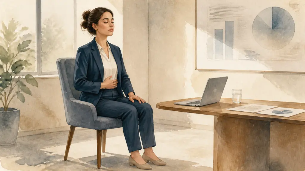 Editorial photograph of a woman preparing for a work presentation, seated with both feet grounded, eyes closed, one hand resting on her abdomen while practicing slow breathing in a quiet meeting room, no text, no logo