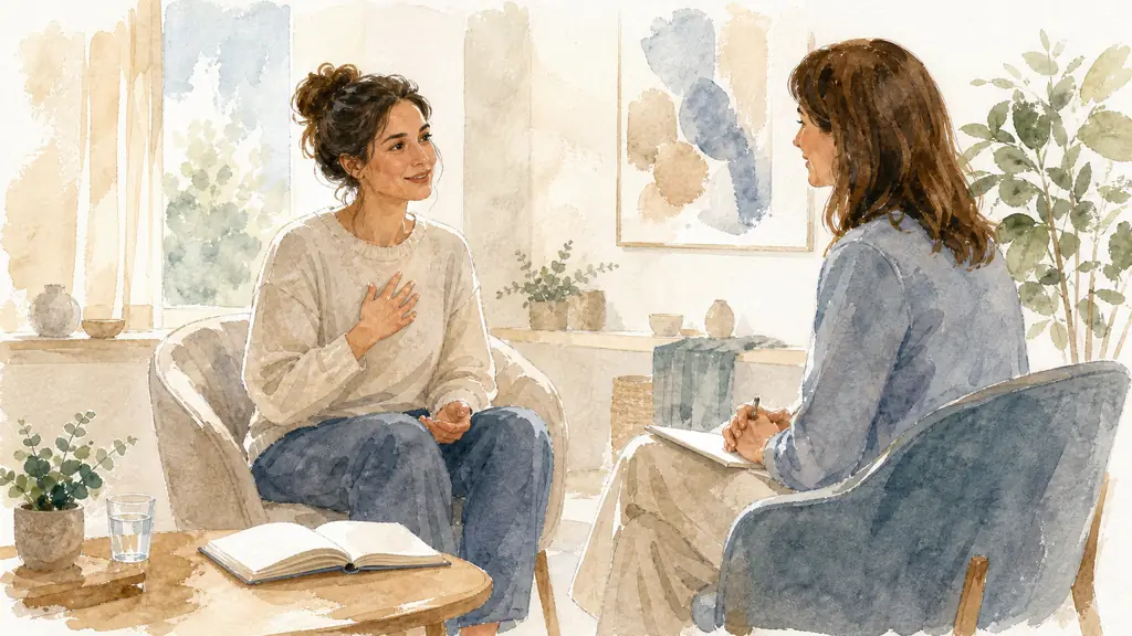 Editorial photograph of a woman in comfortable clothes during her first sophrology appointment, seated beside a notebook after a simple guided movement, speaking with a female practitioner in a quiet consultation room, no text, no logo