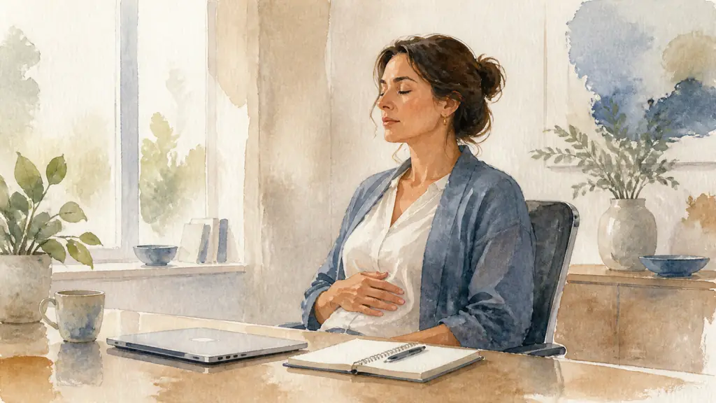 Editorial photograph of a woman seated after a difficult work meeting, one hand on her abdomen while practicing slow breathing, notebook and closed laptop on the desk, soft natural daylight, no text or logo