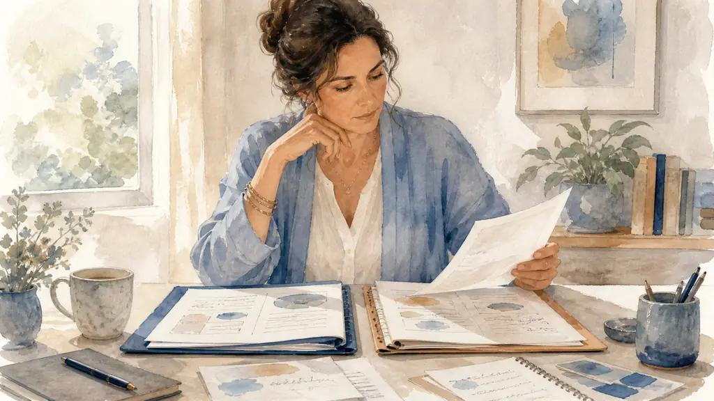 Editorial photograph of a woman comparing two sophrology training programs at a desk, handwritten notes about supervision and ethics beside an open course syllabus, soft natural daylight, no text or logo