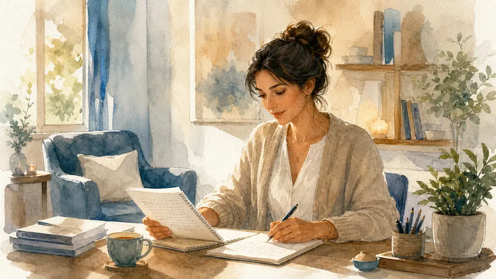 editorial photo of a French sophrologist in a calm private practice office, reviewing her appointment book and income notes, warm natural light, realistic professional atmosphere, no text, no logo