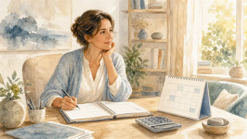 editorial photo of a French sophrologist at a desk with a planner, calculator, and client appointment calendar, calm private practice setting, warm natural light, realistic professional atmosphere, no text, no logo