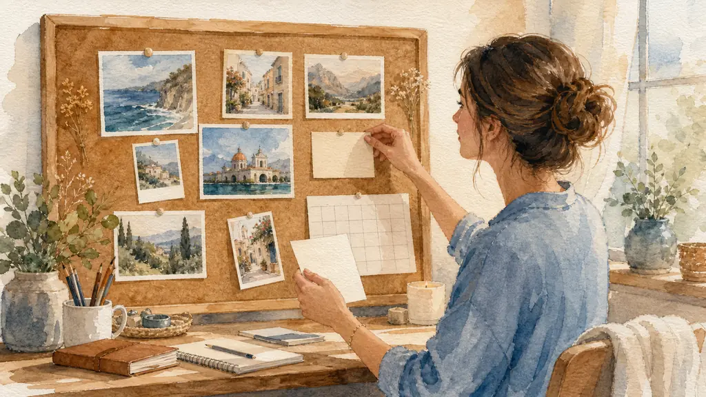 Woman arranging printed travel photos, a handwritten affirmation card and a small calendar on a corkboard above a wooden desk, warm natural light, editorial photography, no text or logo