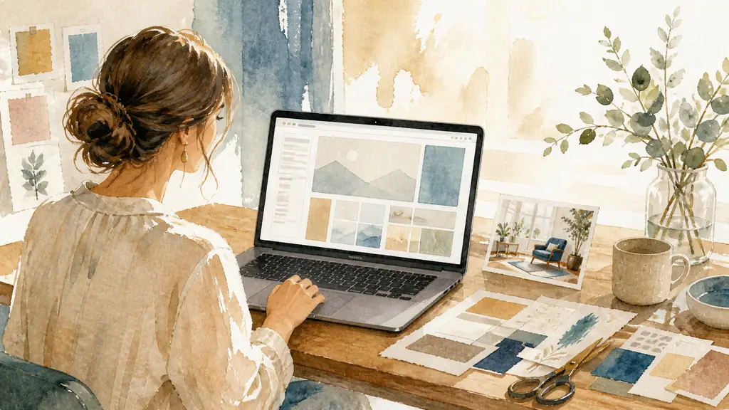 Woman customizing a digital Canva template on a laptop beside magazine cutouts and a small printed photo of a bright coaching workspace, warm editorial photography, no text or logo