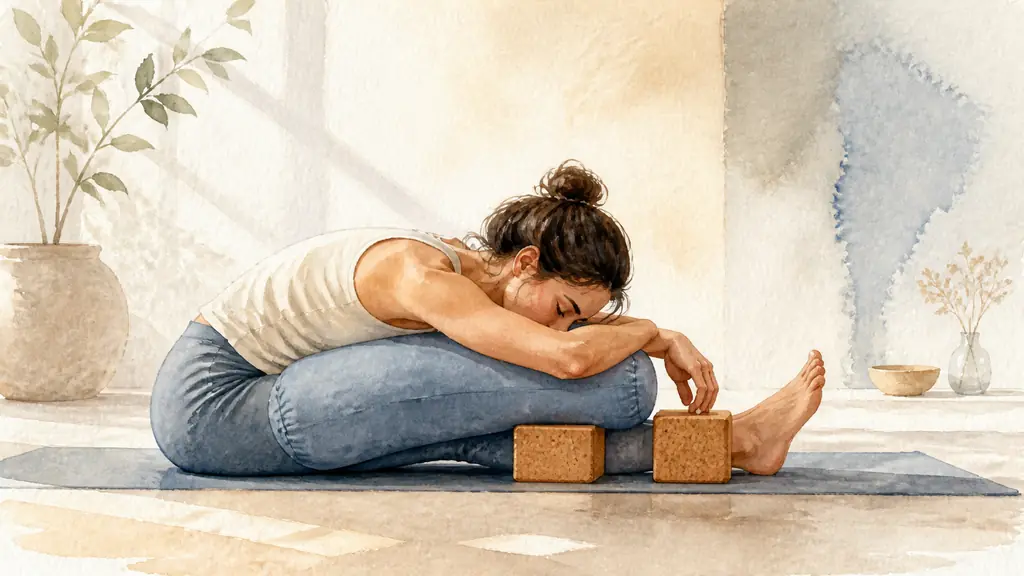 A woman practicing a supported seated forward fold with a yoga bolster and two cork blocks, eyes closed during deep breathing in a quiet sunlit studio