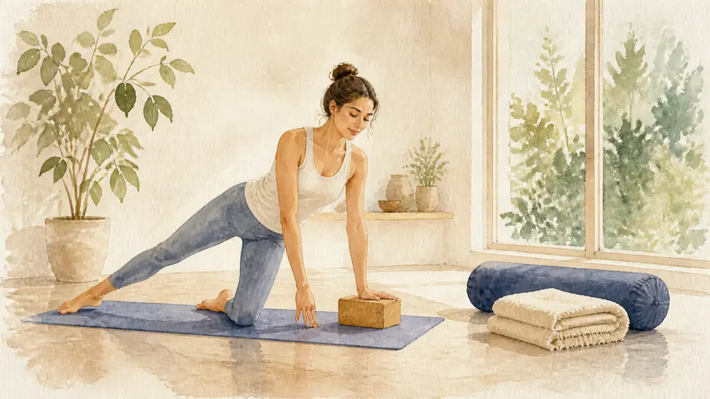 A beginner in a slow Hatha yoga class using a cork block beside one hand, with a folded blanket and bolster ready for the final resting pose in a calm daylight studio