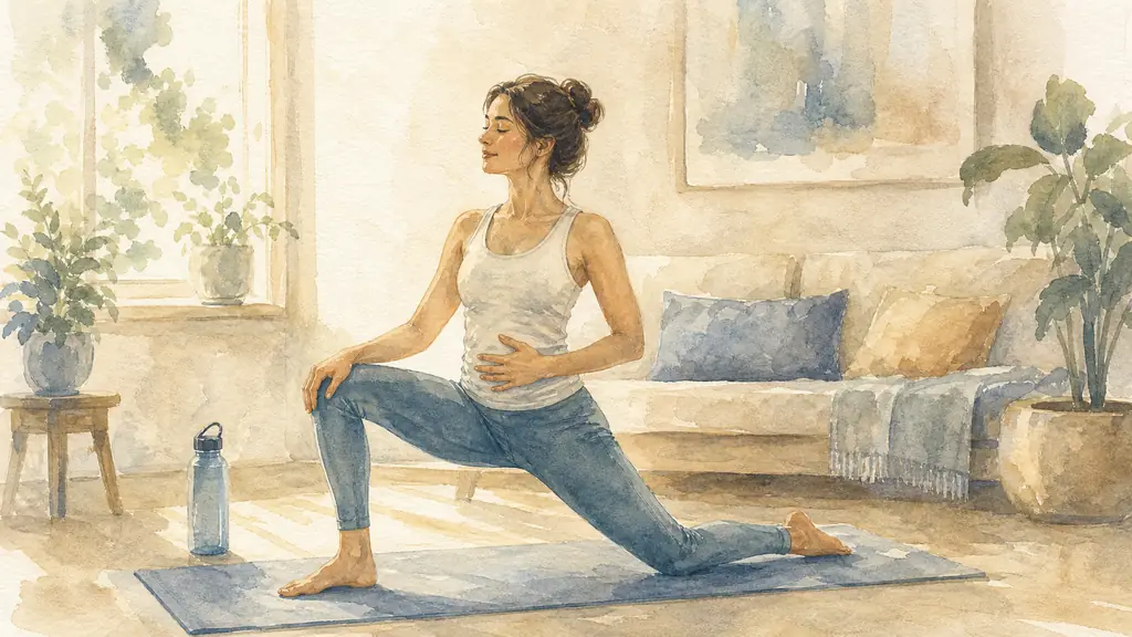 editorial photo of a woman on a yoga mat in a calm living room, one hand on her belly at the start of practice, soft morning light, water bottle nearby, moving from child's pose into a gentle low lunge, no text, no logo