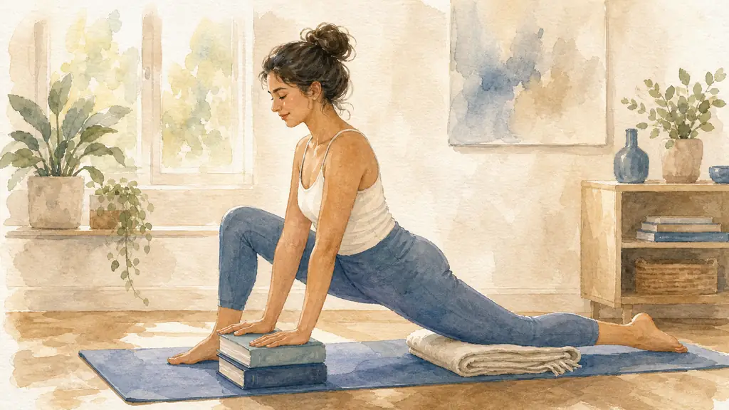 editorial photo of a beginner woman practicing yoga at home, standing in mountain pose with soft knees, two thick books under her hands in a gentle low lunge, folded blanket under one knee, calm natural light, no text, no logo