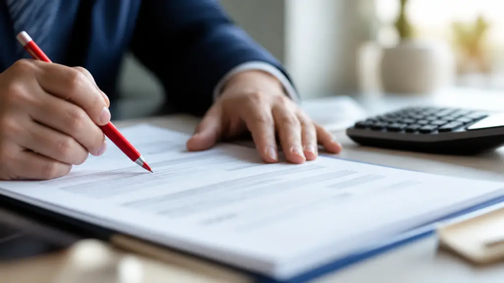 Close-up editorial photograph of a professional checking a contract beside a calculator and marking a correction with a red pen, softly blurred unreadable document, no visible text or logo