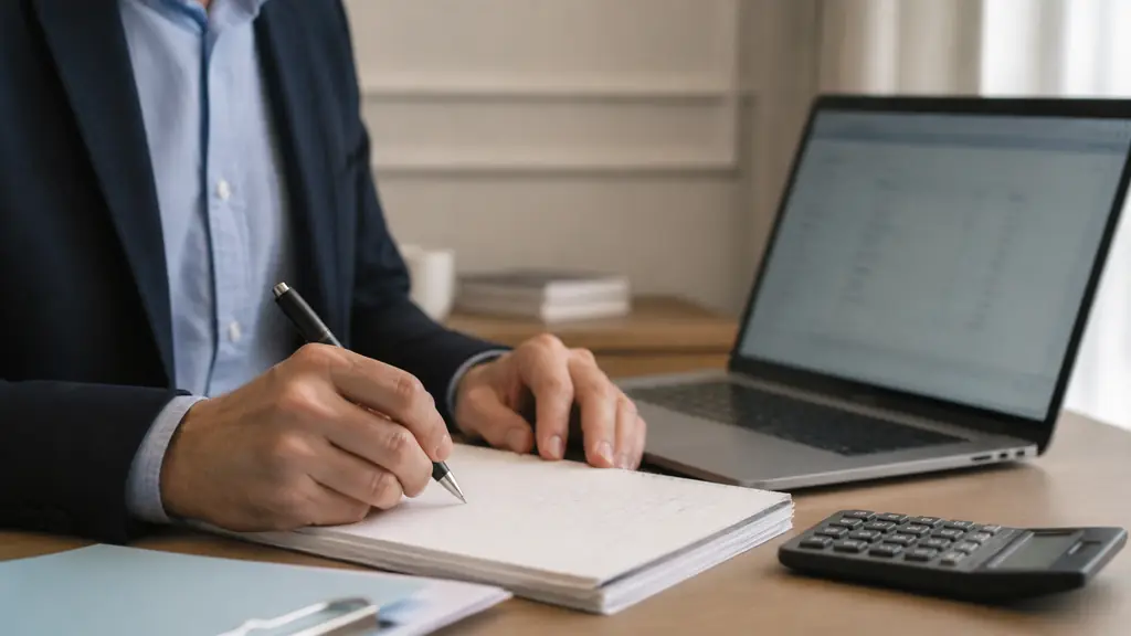 Editorial photograph of a professional grouping digits into sets of three on a notepad beside an open number converter on a laptop and a calculator, screen and paper softly blurred with no readable text or logo