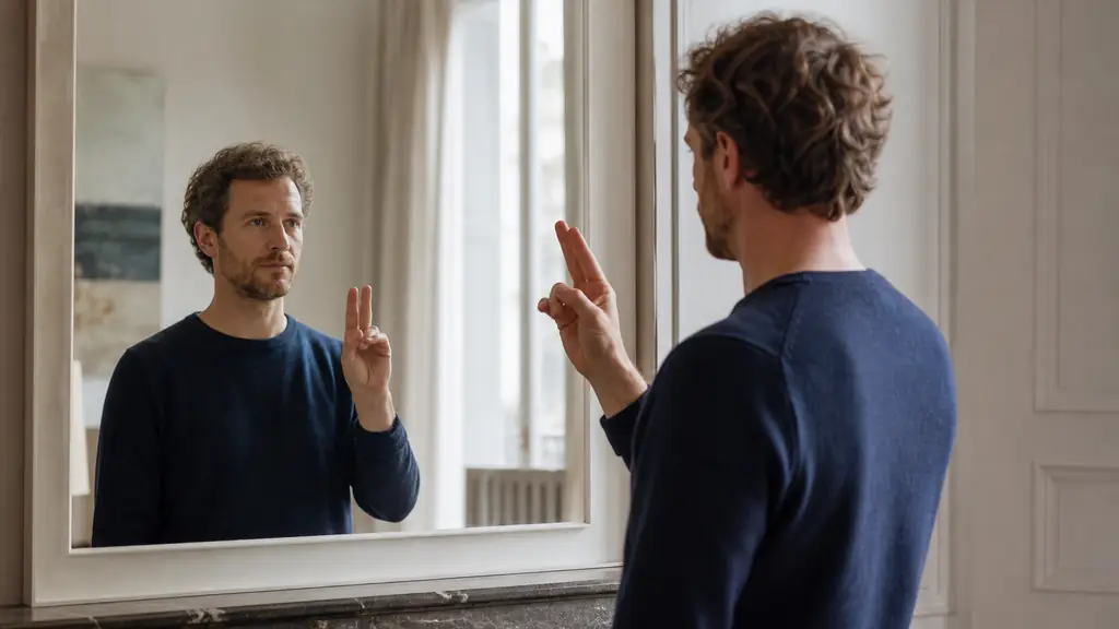 right-handed adult practicing a French manual alphabet handshape in front of a mirror, left hand relaxed, neutral background, natural editorial photography, no text, no logo
