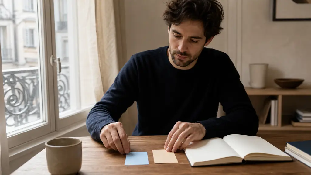 adult learner at a tidy office desk arranging two color-coded grammar cards beside an open notebook, one hand reversing their order to illustrate subject inversion, no visible text or logos