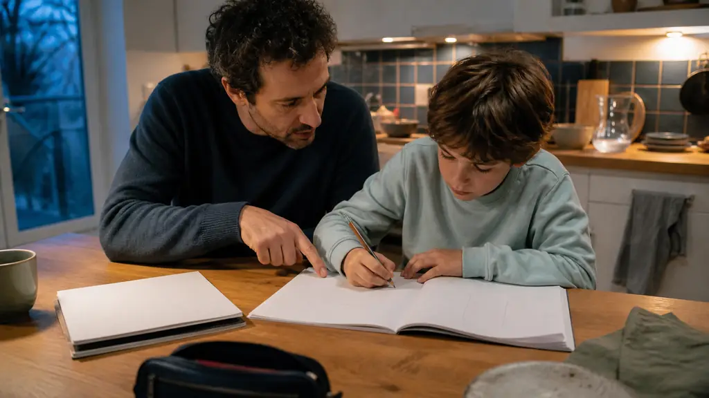 parent beside a school-age child at a kitchen table, pointing first to a completed homework notebook and then to an open exercise book being worked on, evening setting, no visible text or logos