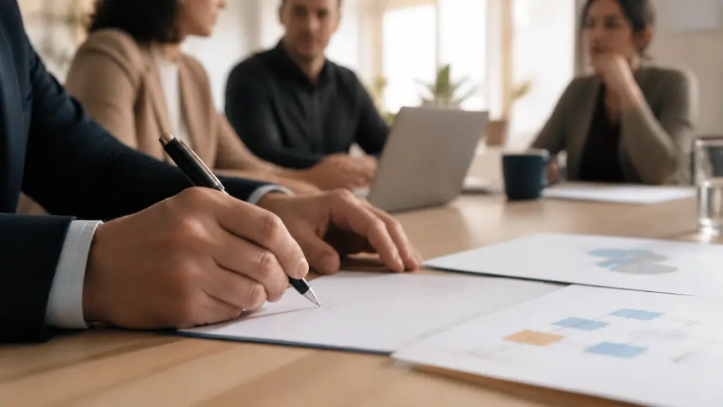 close-up photograph of a hand signing a private contract beside an organizational chart and a group meeting agenda, natural office light, no visible text or logo