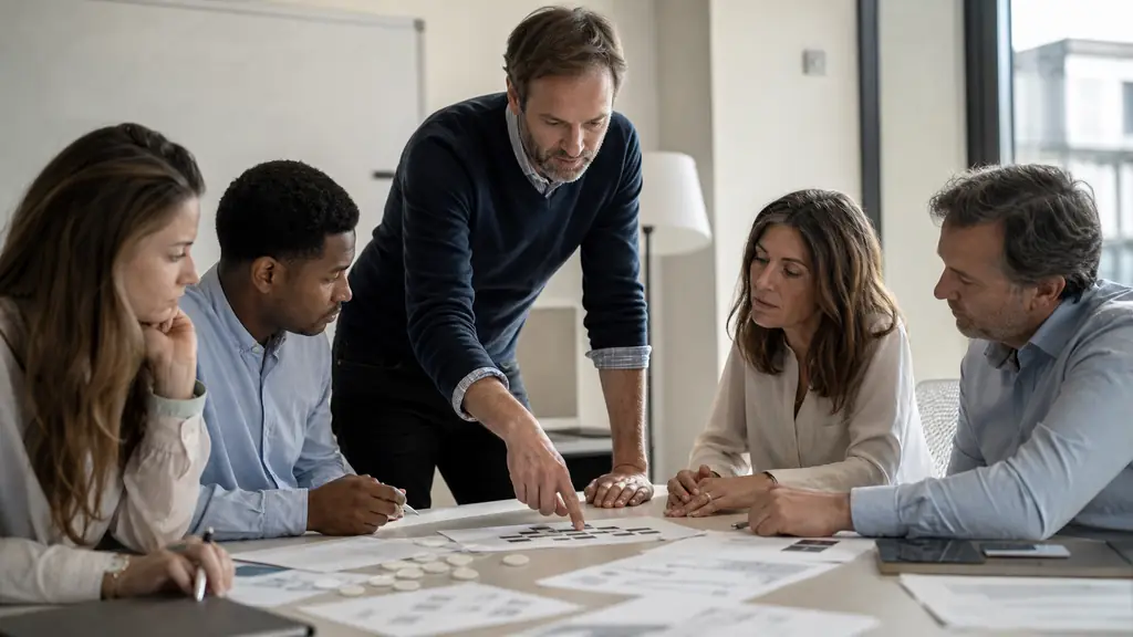 editorial photograph of a manager pointing to a printed organizational chart while colleagues review voting tokens and cost allocation sheets around a meeting table, natural office light, no visible text or logo