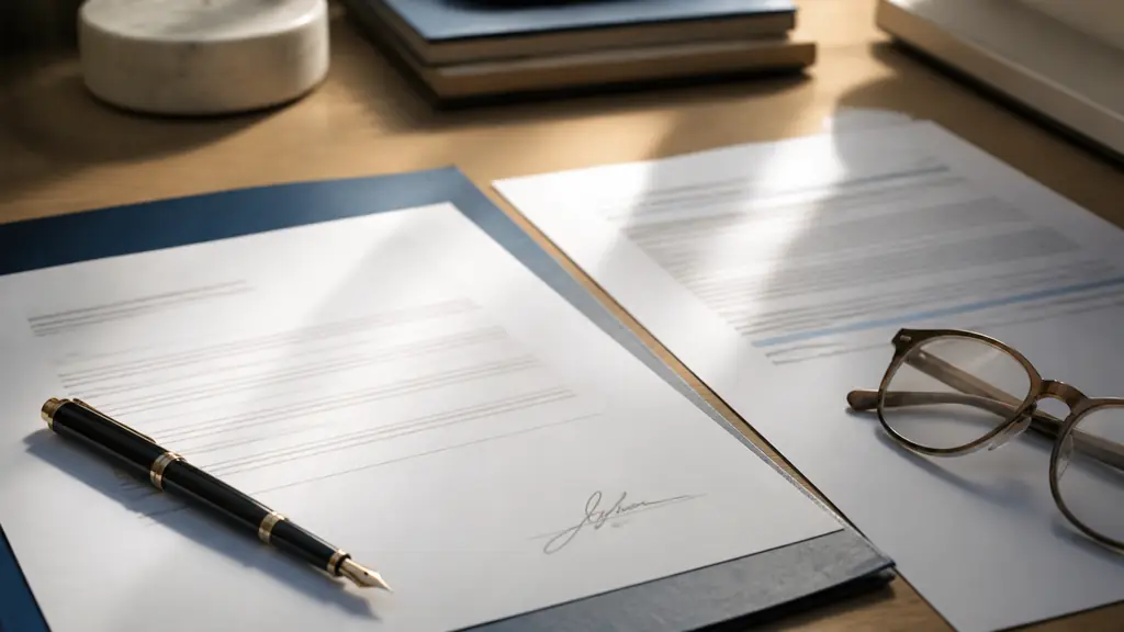 Close-up editorial photograph of a professional document containing a handwritten signature beside an unsigned company memo on a tidy office desk, with a fountain pen and reading glasses, no visible text or logos