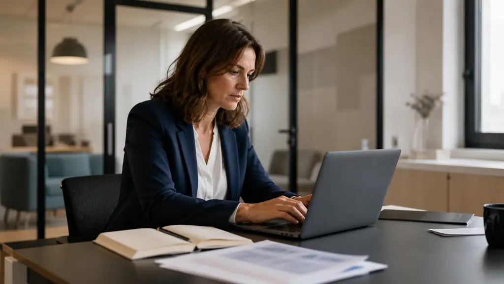 Editorial photograph of an HR manager reviewing an employee onboarding email on a laptop beside a printed meeting report and an open notebook, modern office setting, no visible text or logos