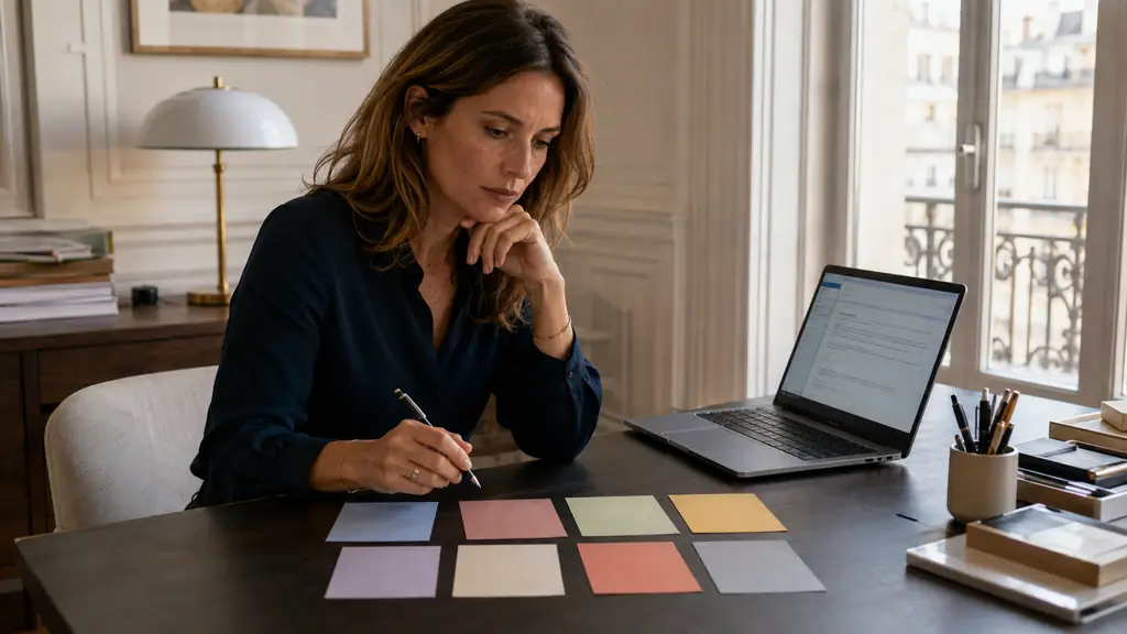 A woman at an office desk comparing eight color-coded tense cards beside a laptop displaying an email draft, no visible text or logos