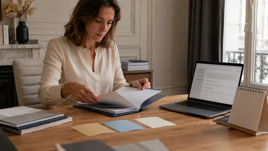A woman in an office preparing a client folder beside a laptop email draft, with three color-coded reminder cards and a desk calendar, no visible text or logos