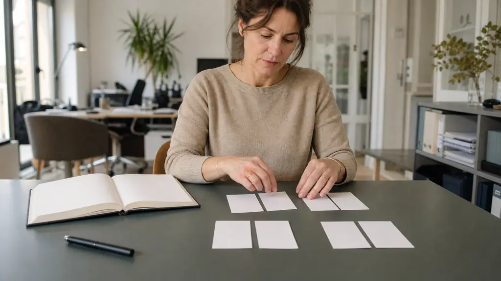 Editorial photograph of a woman sorting six blank flashcards into three distinct groups beside an open notebook and a capped pen, natural office light, no visible text or logo