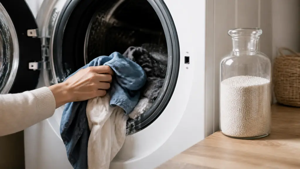 close-up of laundry being removed from a washer-dryer beside a laboratory glass jar containing a drying agent, with damp clothes visible through the appliance door, editorial photography, no text, no logo