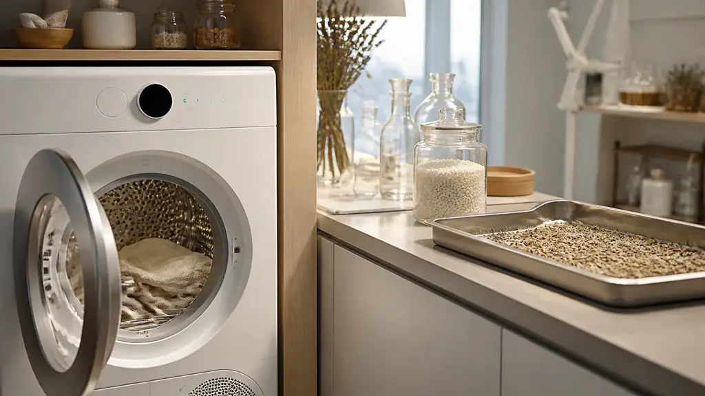 editorial photograph of a compact washer-dryer completing a drying cycle beside a laboratory jar containing a drying agent and a tray of material being dehydrated, no text, no logo