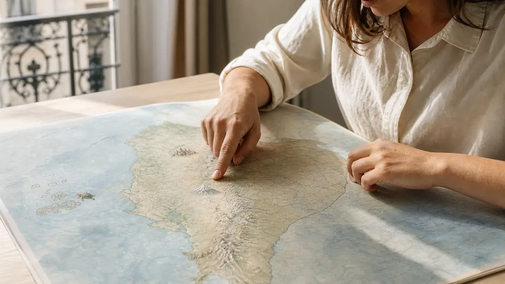 Editorial photograph of a traveler pointing at a detailed paper map of Ecuador, with Quito, Cotopaxi volcano and the Galápagos archipelago visually marked by small illustrated symbols, no readable text, no logo