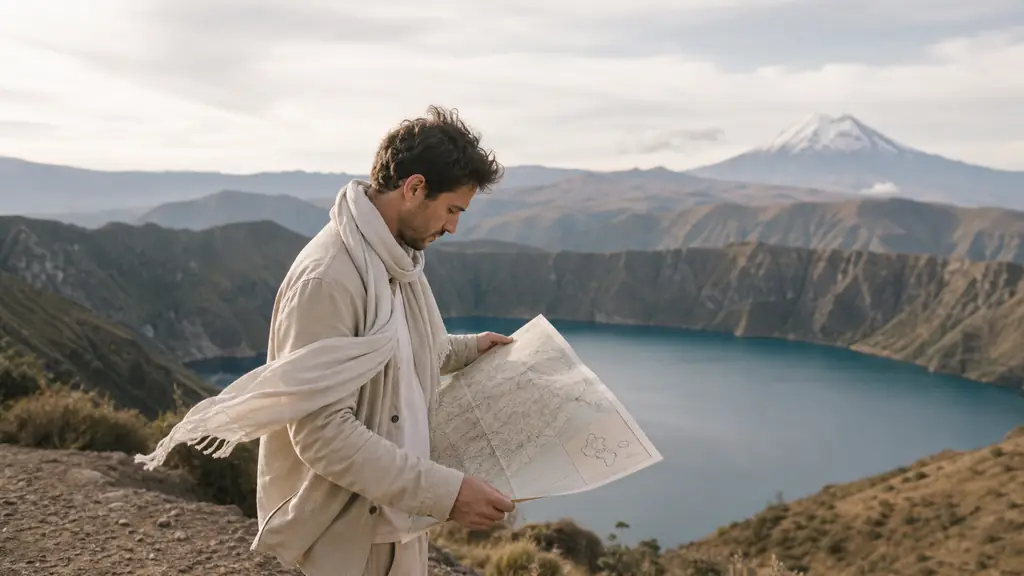 Editorial photograph of a traveler studying a paper map of Ecuador beside the Quilotoa crater lake, with Cotopaxi volcano visible in the distance and a small inset sketch of the Galápagos islands, no readable text, no logo
